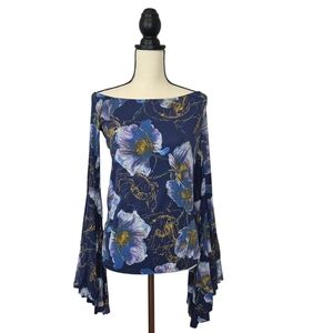 We The Free Top Birds Of Paradise Blue Floral Off Shoulder Bell Sleeve Size L